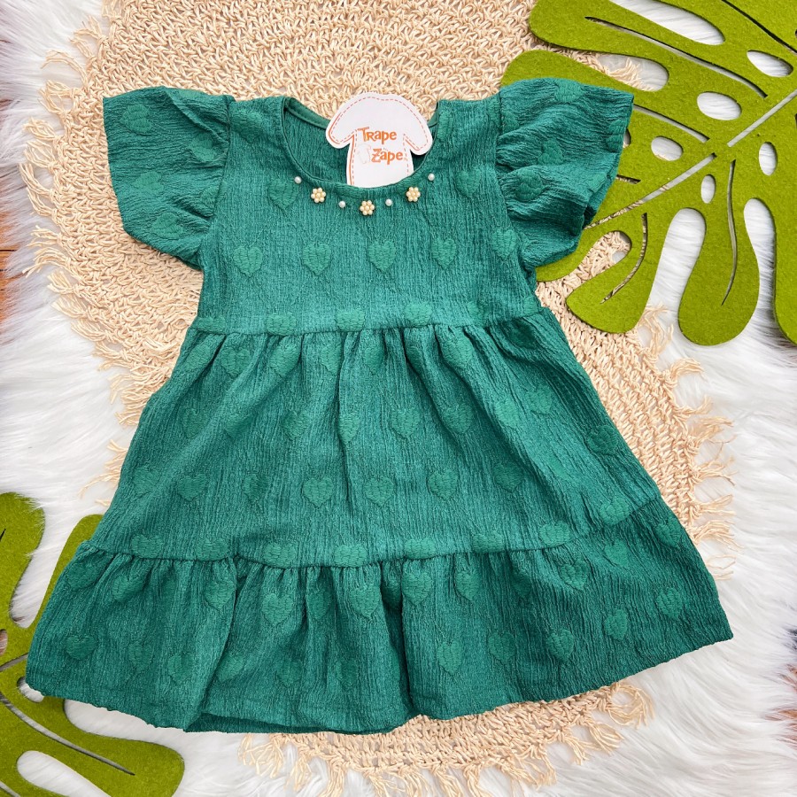 Vestido Anarruga com Pérolas e Corações - Verde